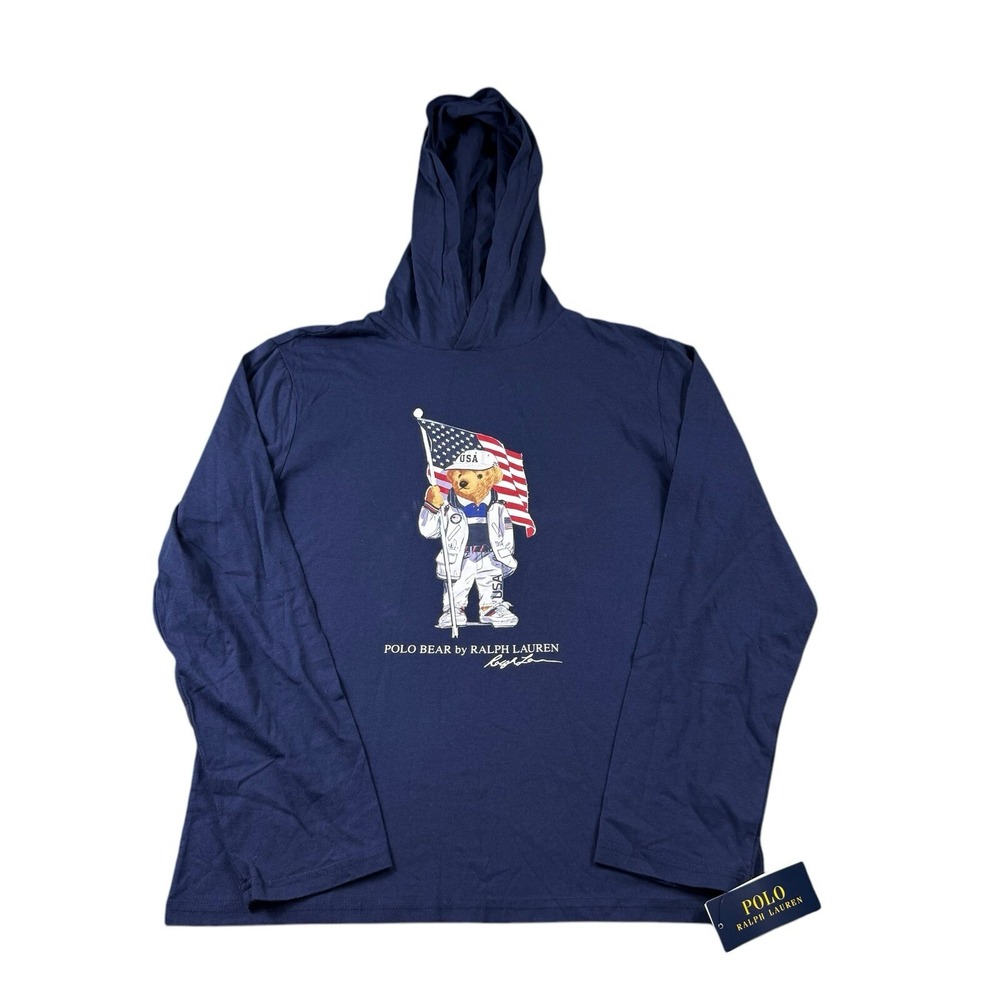 Polo Ralph Lauren Boys L Blue Olympics Polo Bear Lightweight Hoodie NWT 2020 USA